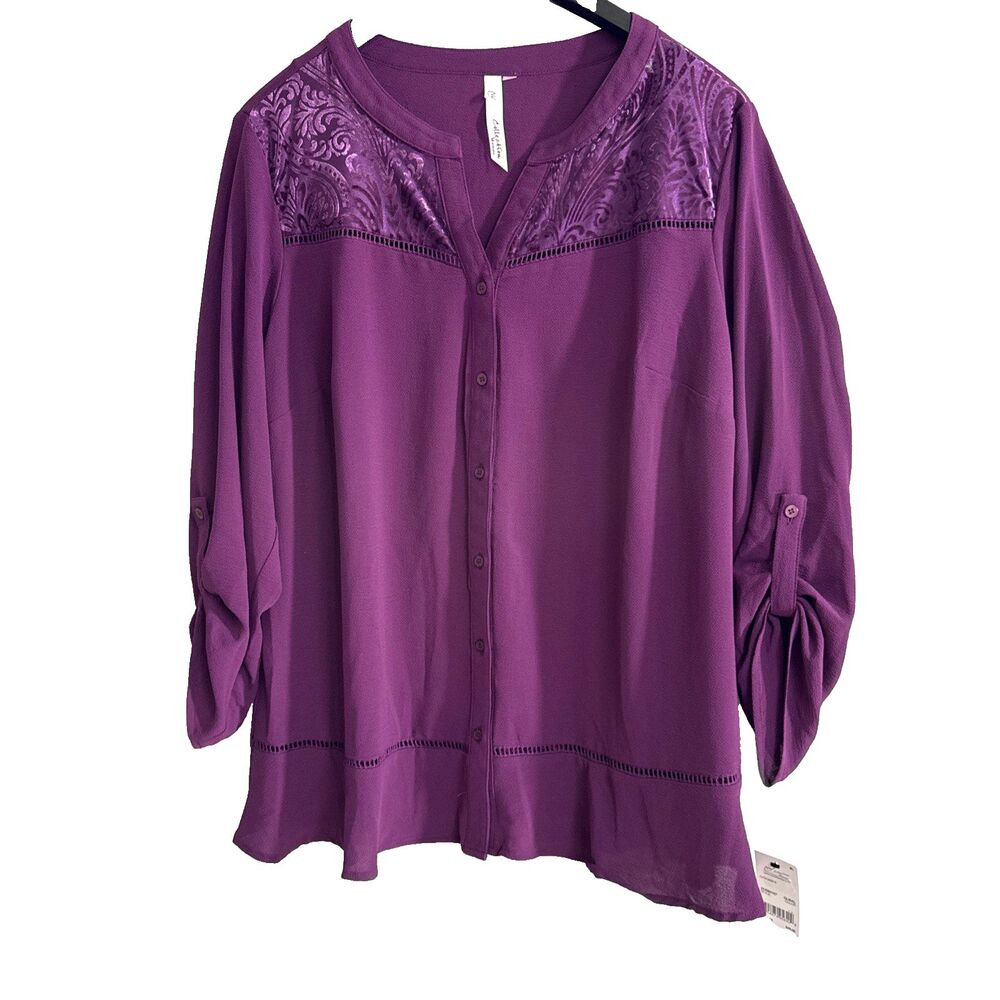 NY Collection L/S Button - 1X - Purple velvet accents Dressy Y2K comfortable